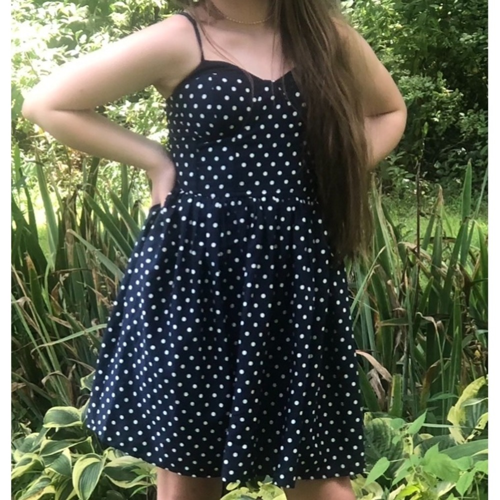 BOG Collective Fit & Flare Dress XS Navy Polka Dot Retro Rockabilly Coquette